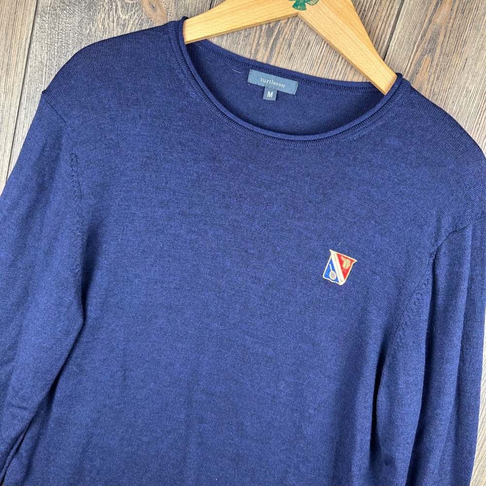 Turtleson Crewneck Sweater Longue Vue Club Mens Navy Blue Merino Wool Crest M